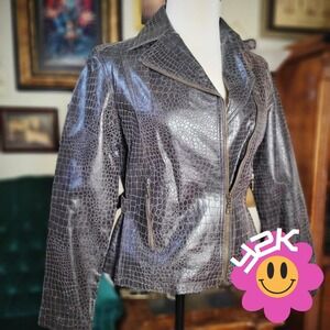 Live a Little Leather Jacket Vintage Y2K Womens M Brown Crocodile Embossed Moto
